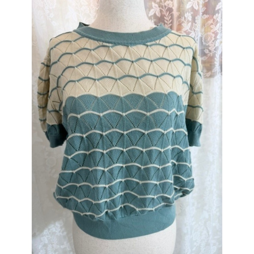Palava Organic Cotton Knit Top Teal Cream Scallop Pointelle Short Sleeve Sweater